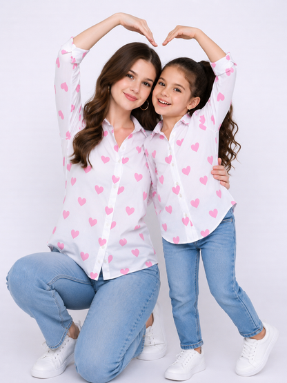 Heart Print Twinning Shirt -Pink