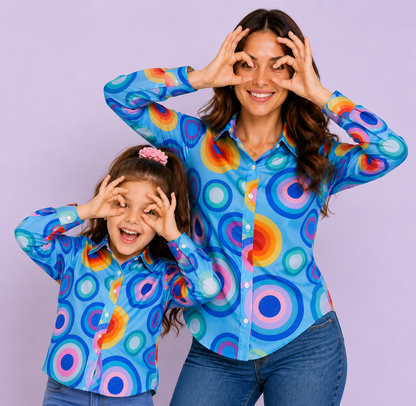 Blue Retro Print Twinning Shirts for Mom & Daughter