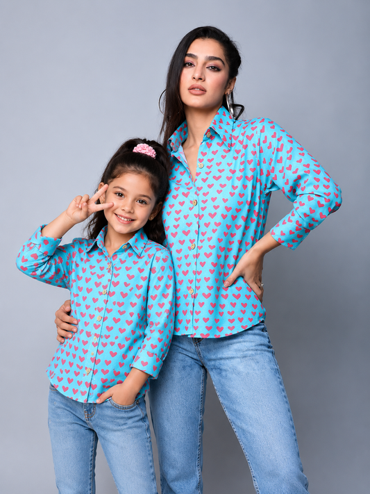 Heart Printed  Cotton Shirt Combo-Teal
