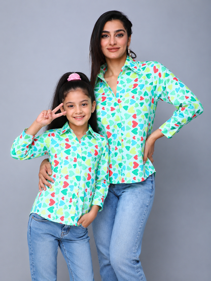Heart Printed  Cotton Shirt Combo- Aqua
