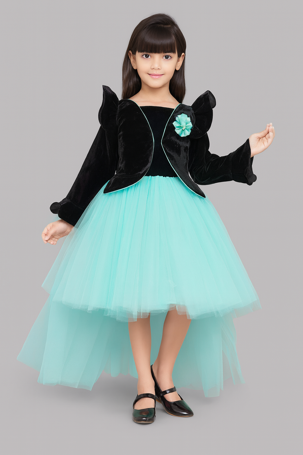 Pink Chick  Black Velvet and Aqua Jacket Style Hi-Low Dress
