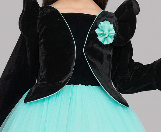 Pink Chick  Black Velvet and Aqua Jacket Style Hi-Low Dress