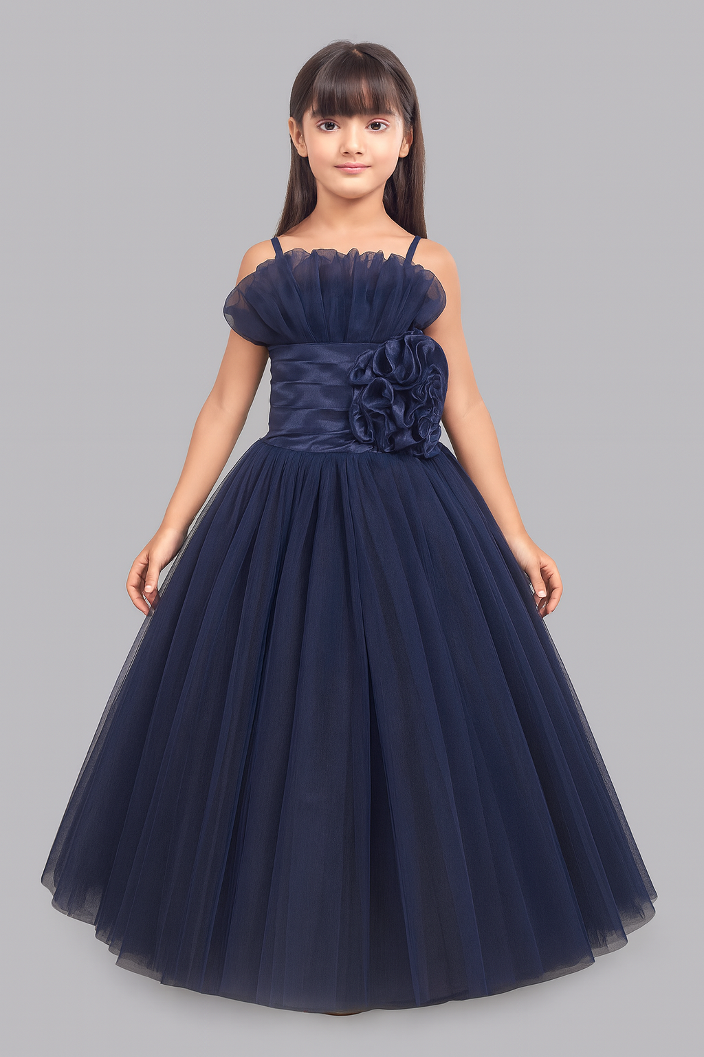 Ruffled Silhouette Party Gown - Navy Blue