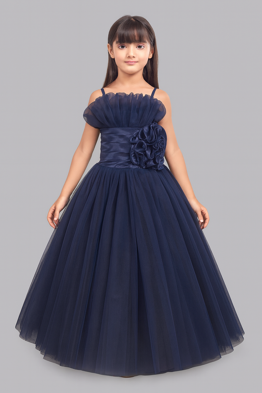 Ruffled Silhouette Party Gown - Navy Blue
