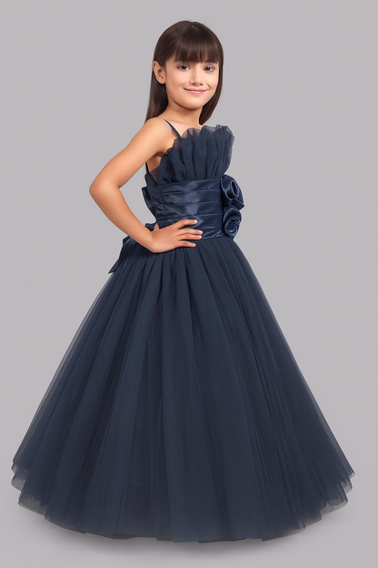 Ruffled Silhouette Party Gown - Navy Blue