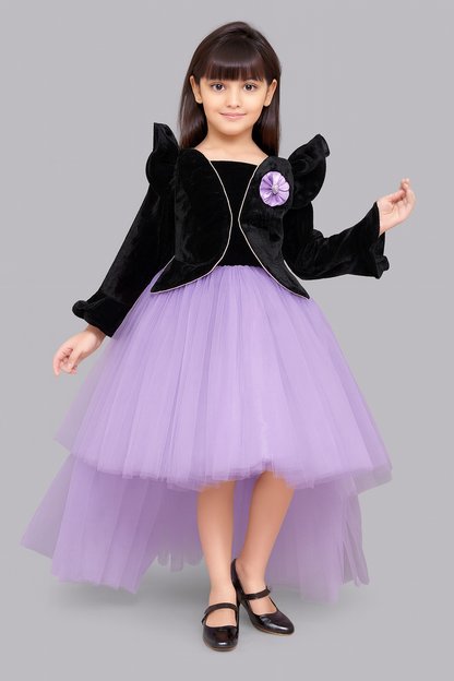 Pink Chick  Black Velvet and Lavender Jacket Style Hi-Low Dress