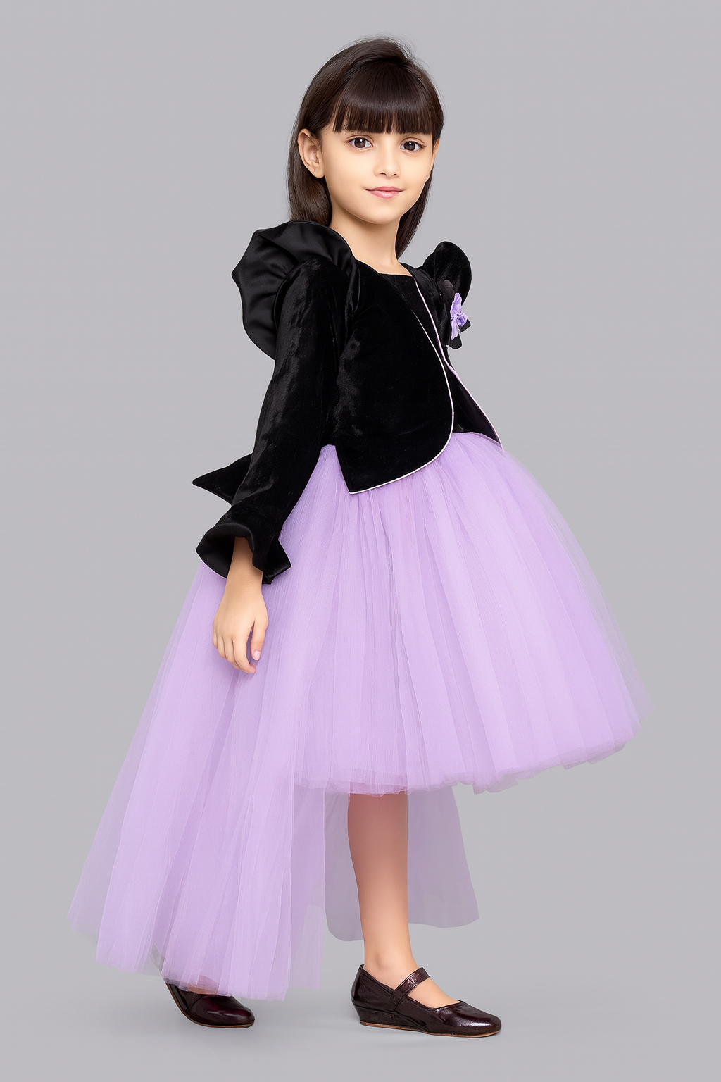Pink Chick  Black Velvet and Lavender Jacket Style Hi-Low Dress