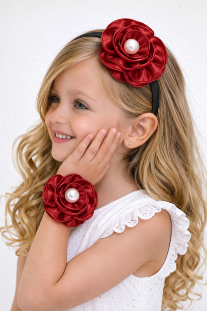Satin Flower Bracelet & Hairband Set- Red
