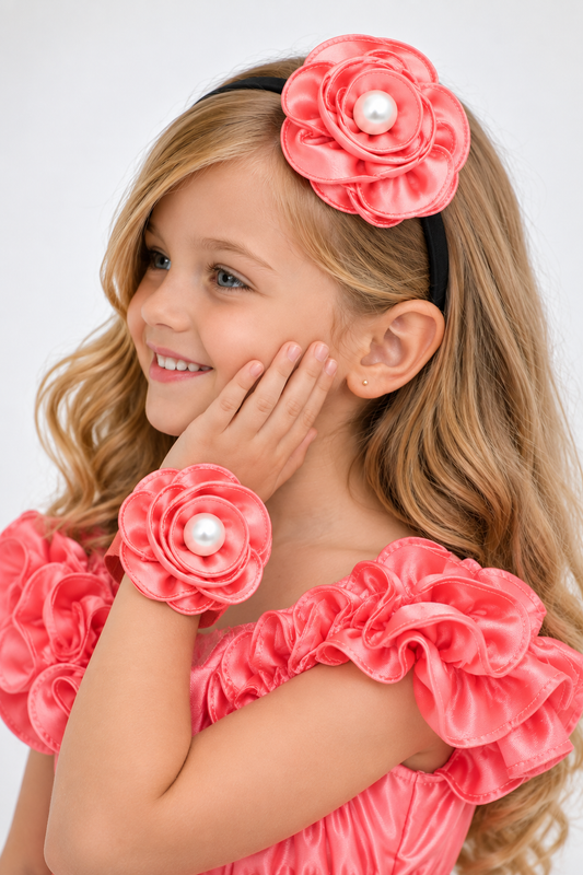 Satin Flower Bracelet & Hairband Set- Coral