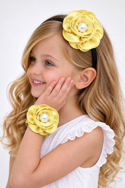 Satin Flower Bracelet & Hairband Set- Yellow