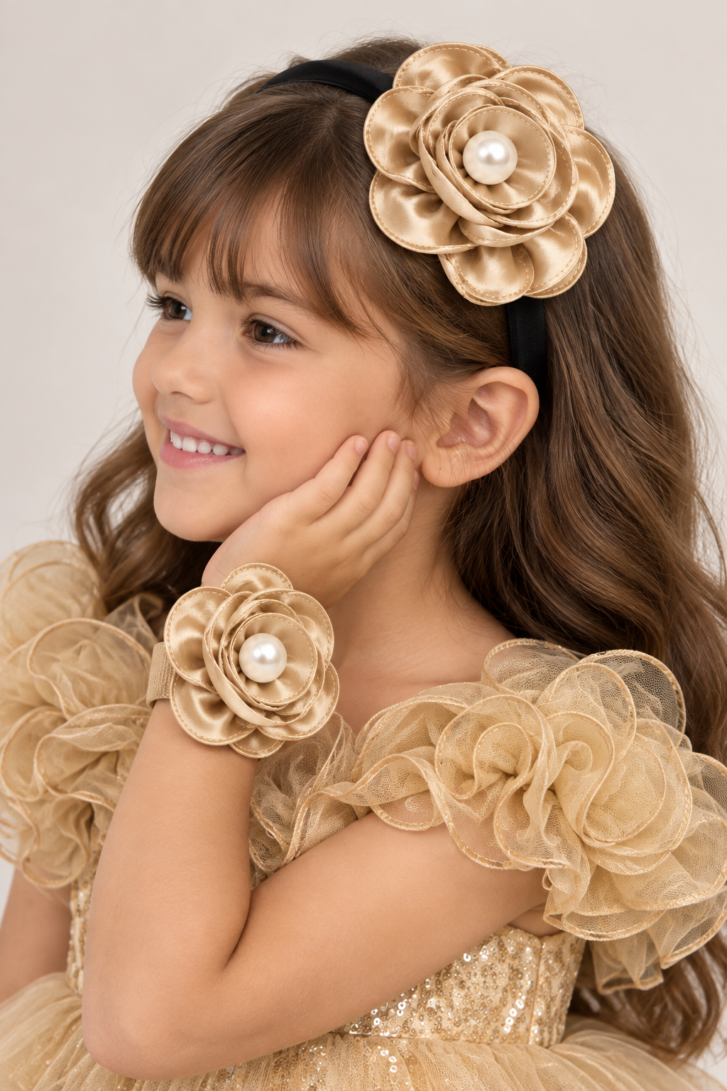 Satin Flower Bracelet & Hairband Set- Beige