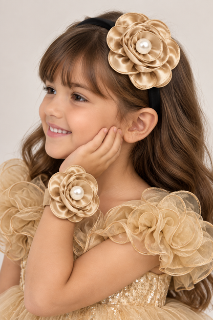 Satin Flower Bracelet & Hairband Set- Beige