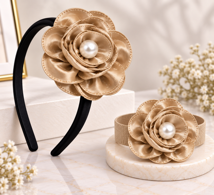 Satin Flower Bracelet & Hairband Set- Beige