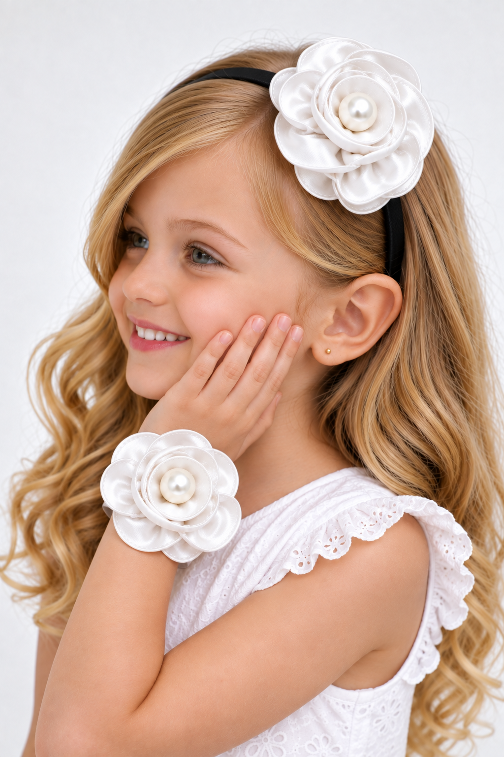 Satin Flower Bracelet & Hairband Set- White