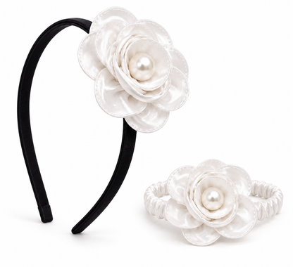 Satin Flower Bracelet & Hairband Set- White