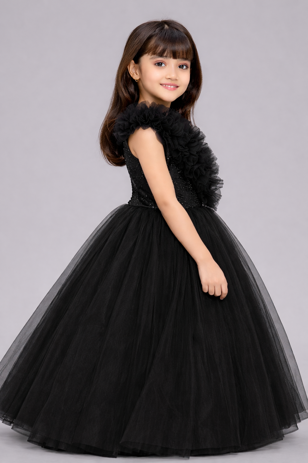 Black  Ruffled Sequins Bodice Gown
