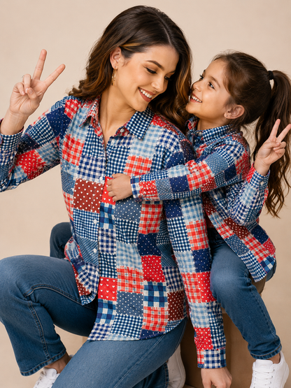 Patchwork Check Print Twinning Shirt