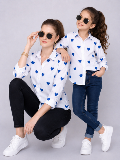 Heart Print Twinning Shirt -Navy Blue