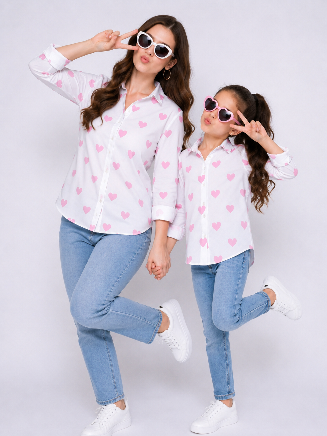 Heart Print Twinning Shirt -Pink