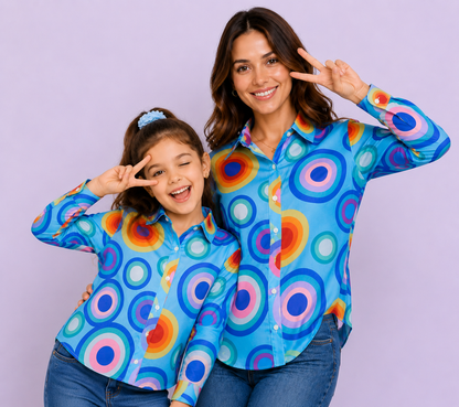 Blue Retro Print Twinning Shirts for Mom & Daughter