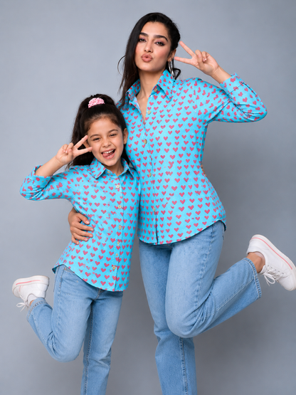 Heart Printed  Cotton Shirt Combo-Teal