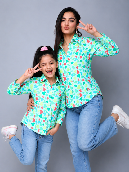 Heart Printed  Cotton Shirt Combo- Aqua