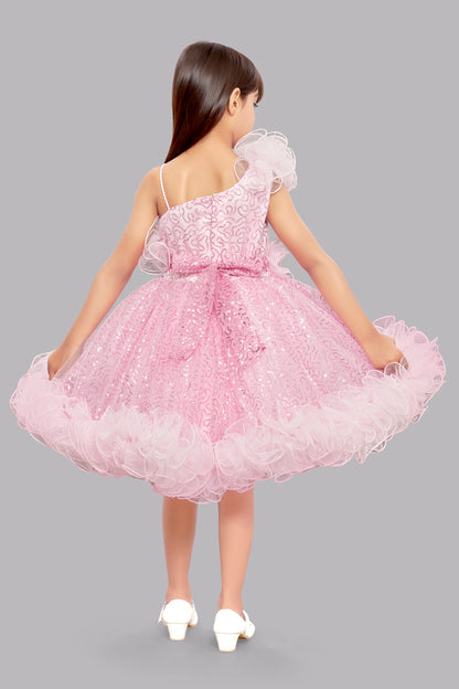 Sequined One shoulder Twirl Dress -Pink