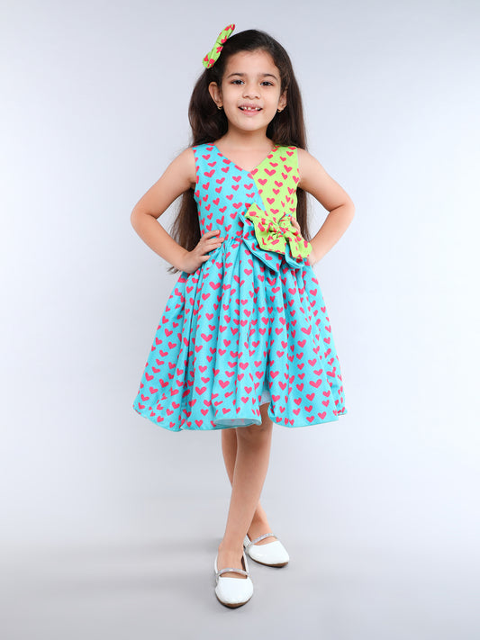 Heart Colorblock Cotton Dress with Matching Clip -Lime & Teal
