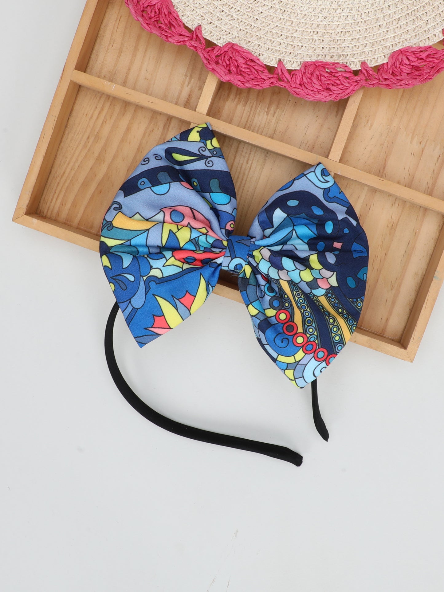 Blue Printed  Bow Hairband -Blue