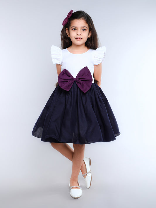 Color Block Fit and Flare Bow Dress with Matching Clip -White