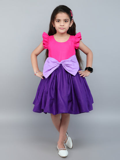 Color Block Fit and Flare Bow Dress with Matching Clip-Purple &PInk