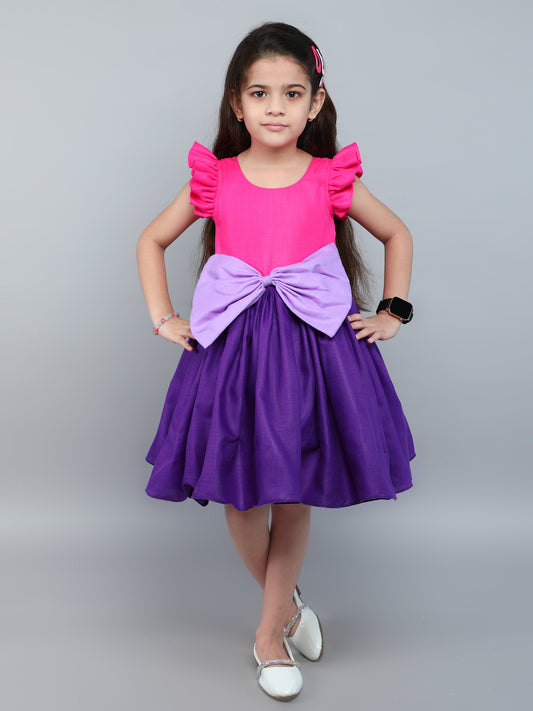 Color Block Fit and Flare Bow Dress with Matching Clip-Purple &PInk