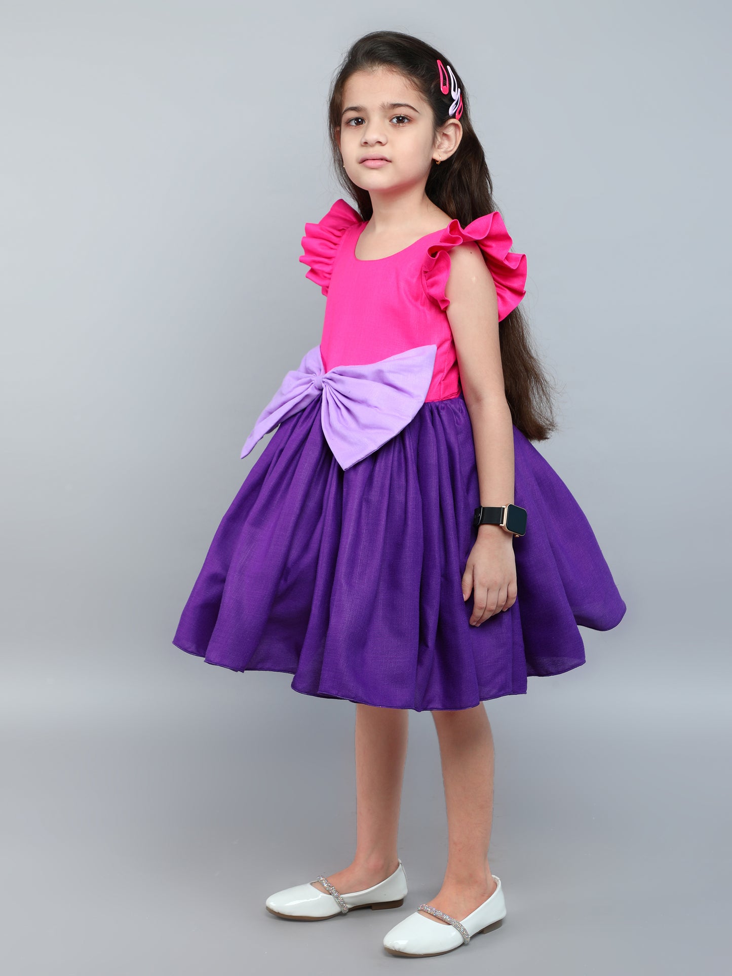 Color Block Fit and Flare Bow Dress with Matching Clip-Purple &PInk