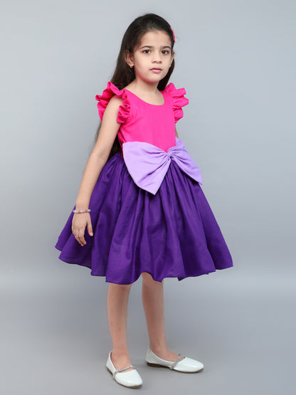 Color Block Fit and Flare Bow Dress with Matching Clip-Purple &PInk