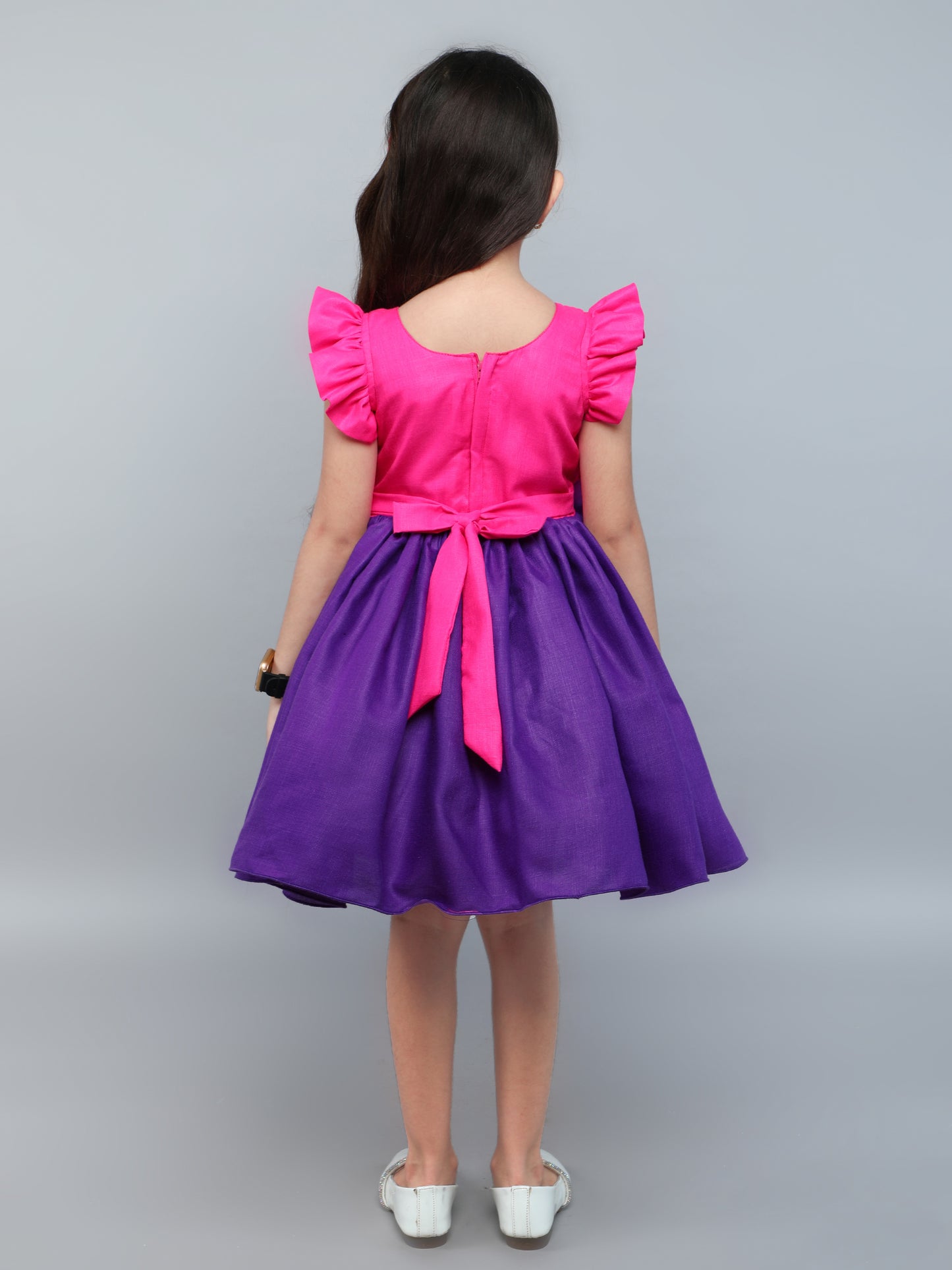 Color Block Fit and Flare Bow Dress with Matching Clip-Purple &PInk