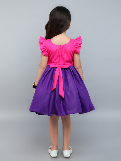 Color Block Fit and Flare Bow Dress with Matching Clip-Purple &PInk