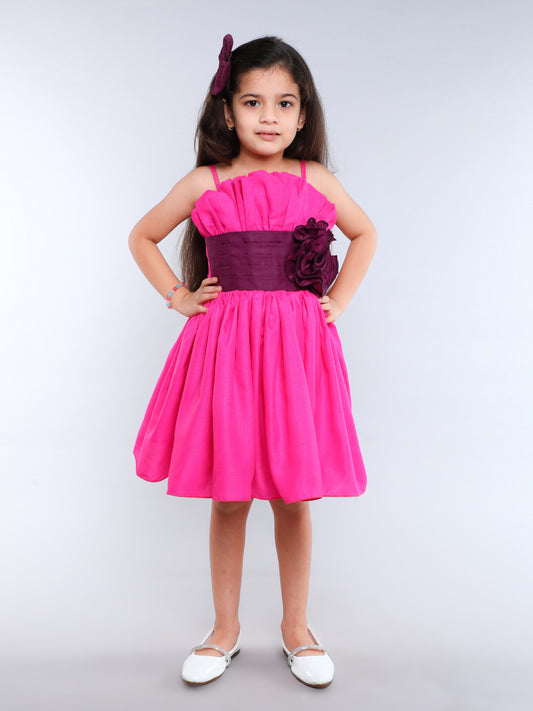 Colorblock Cotton Ruffled Silhouette Dress With Matching Clip -Pink