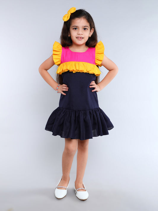 Cotton Drop Waist ColorBlock Dress -Navy Blue