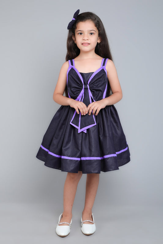 Colorblock Cotton Bow Dress with Matching Bow Clip - Navy Blue & Purple