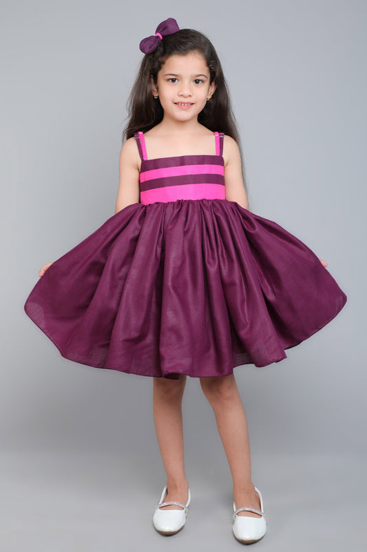 Colorblock Spaghetti Dress with Matching Bow Clip -Burgundy & Pink