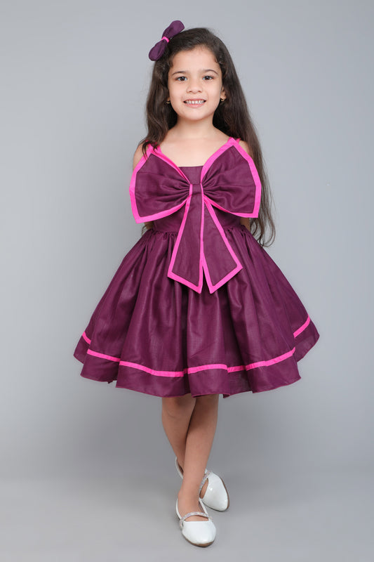 Colorblock Cotton Bow Dress with Matching Bow Clip - Burgundy and Pink
