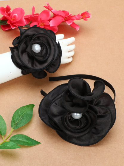 Satin Flower Bracelet & Hairband Set- Black