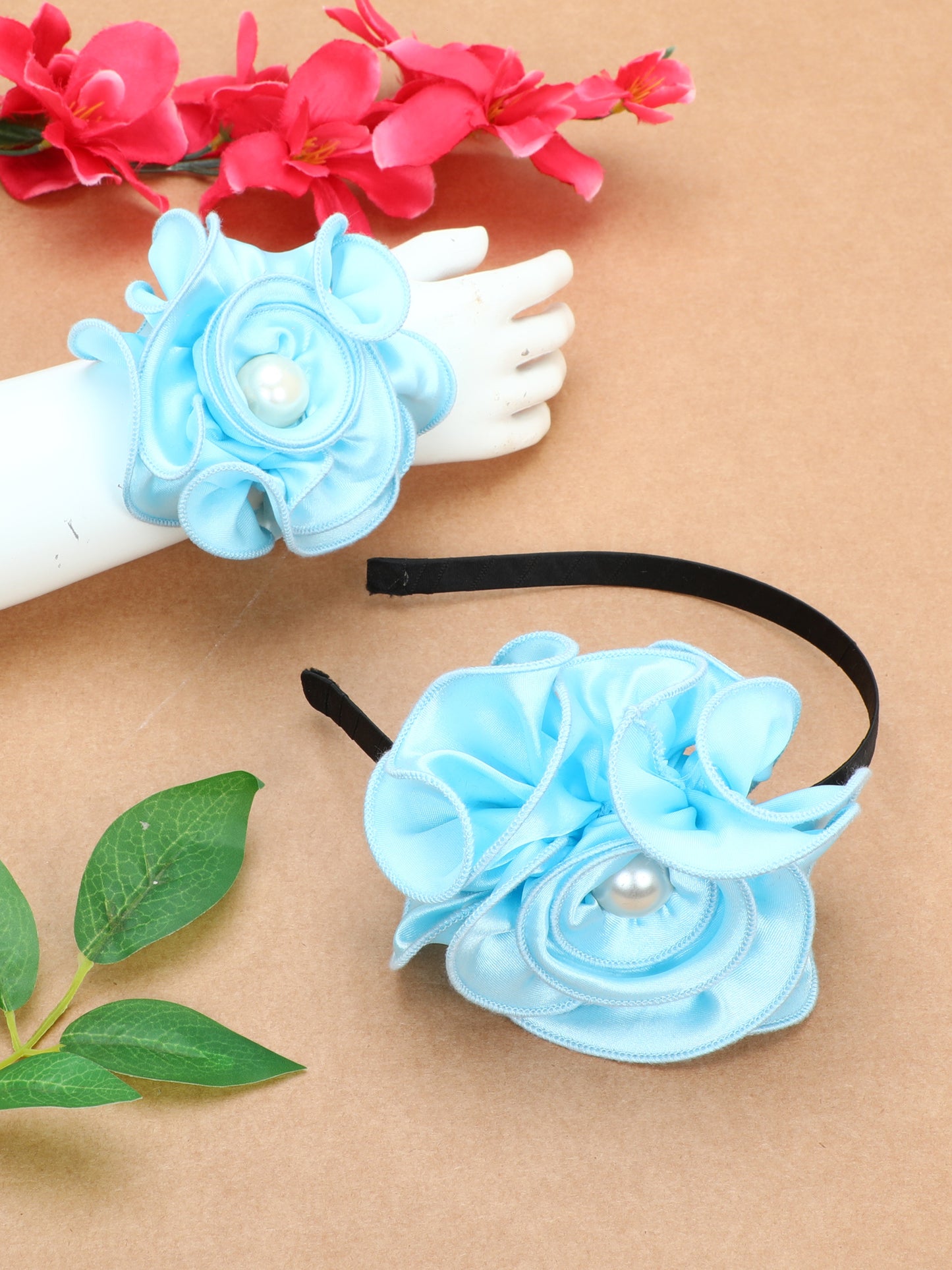 Satin Flower Bracelet & Hairband Set- Blue