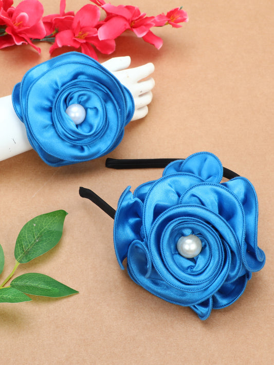 Satin Flower Bracelet & Hairband Set-Blue