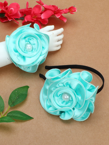 Satin Flower Bracelet & Hairband Set- Aqua