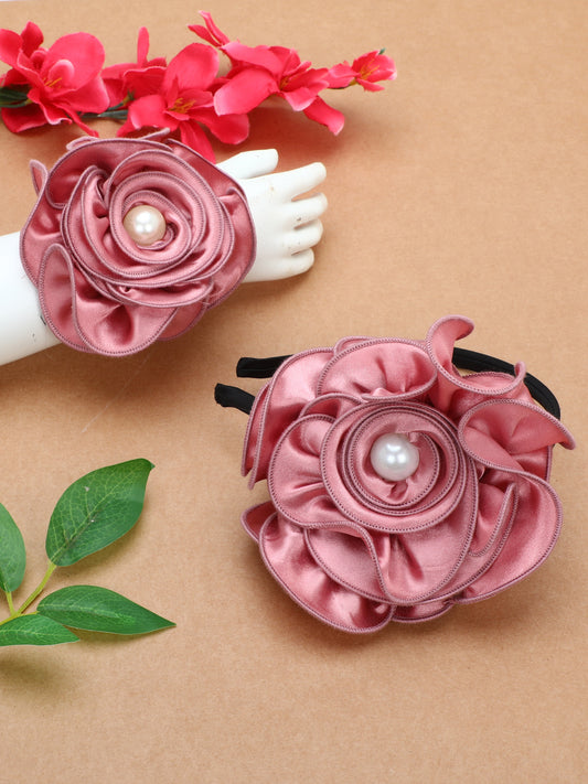 Satin Flower Bracelet & Hairband Set-Rose Gold