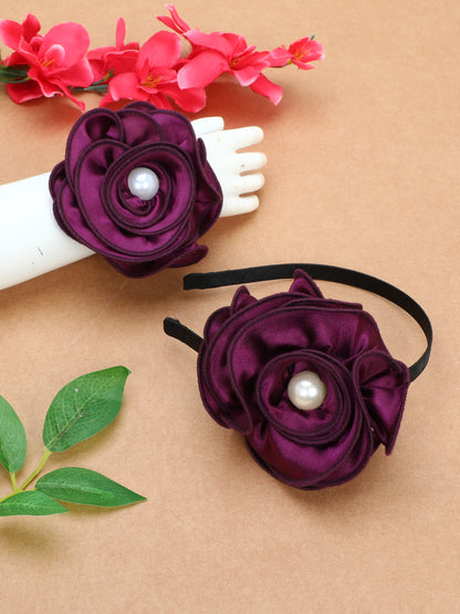 Satin Flower Bracelet & Hairband Set- Burgundy