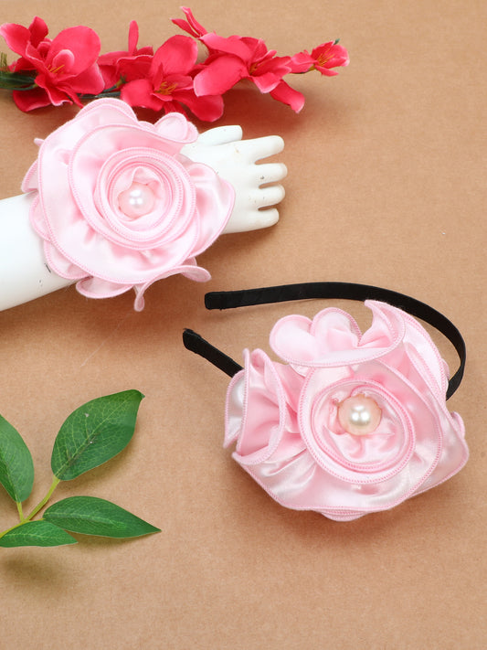 Satin Flower Bracelet & Hairband Set- Pink