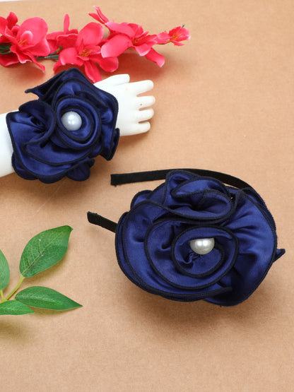 Satin Flower Bracelet & Hairband Set- Navy Blue