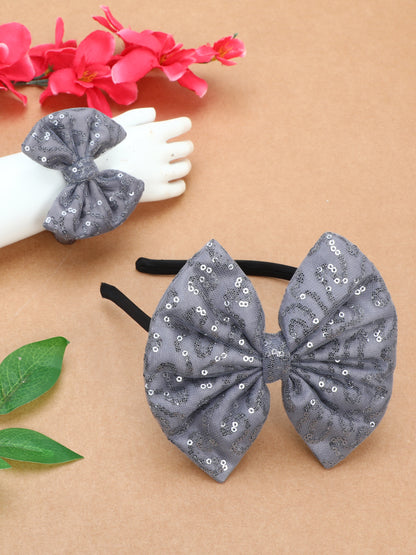 Sequins Bow Bracelet & Hairband Set -Grey